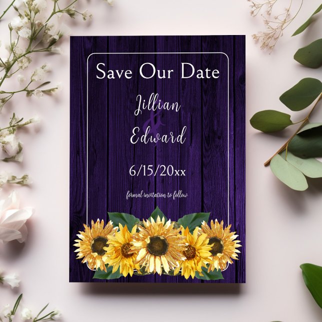 Rustik Lila Solros Spara datum Meddelande (Rustic Purple Sunflower Save the Date)