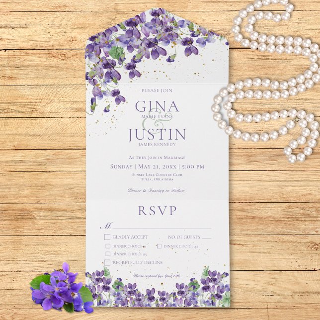 Rustik Lila Violets Guld Gnistra Middag Bröllop (Rustic Purple Watercolor Violets All In One Dinner Wedding Invitation)