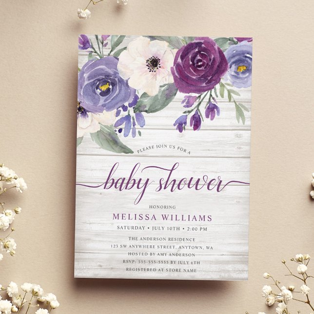 Rustik Lila Watercolor Blommigt Girl Baby Shower Inbjudningar (Skapare uppladdad)