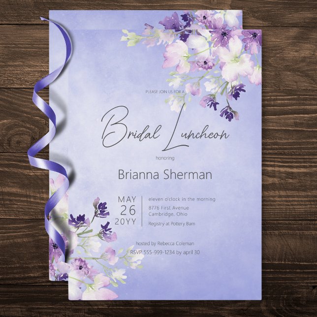 Rustik Lila Watercolor Blommigt Möhippa Luncheon Inbjudningar (Rustic Purple Watercolor Floral Bridal Luncheon Invitation)