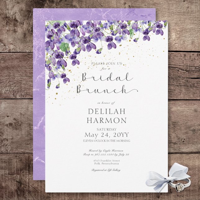Rustik Lila Watercolor Violets Möhippa Brunch Inbjudningar (Rustic Purple Watercolor Violets Bridal Brunch Invitation)