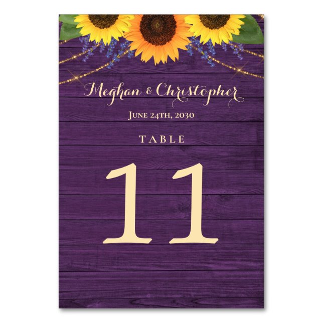 Rustik Lila Wood String Ljus Solros Bröllop Bordsnummer (Framsidan)