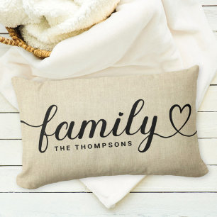 Rustik Linne Familj Hjärtmanus Monogram Lumbarkudde