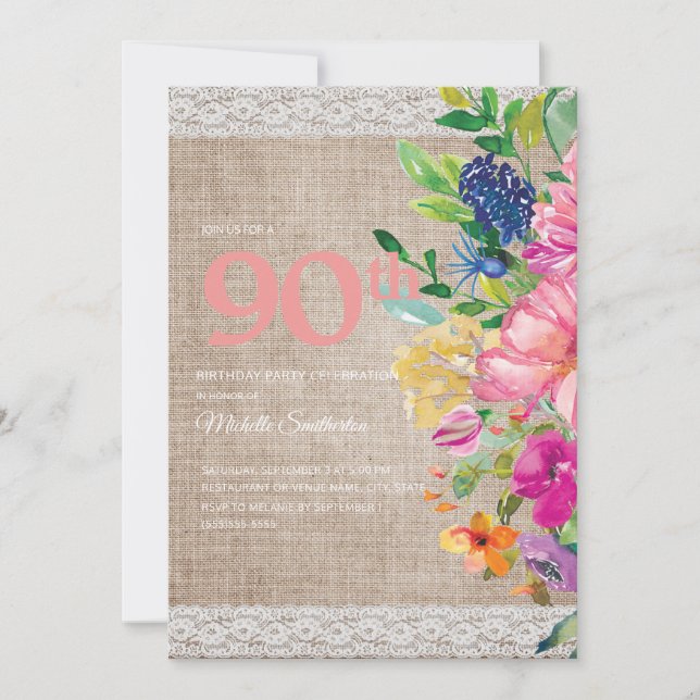 Rustik linneväv med spets Rosa Blå Blommig 90-årsd Inbjudningar (Framsida)