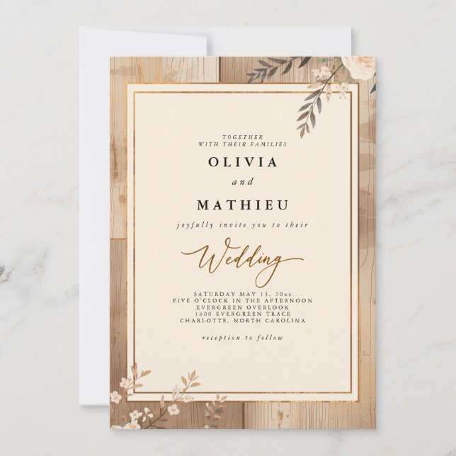 Rustik Ljus Beige Blommig Trä Bröllop Inbjudningar (Framsida)