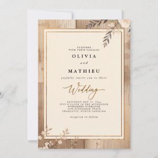 Rustik Ljus Beige Blommig Trä Bröllop Inbjudningar