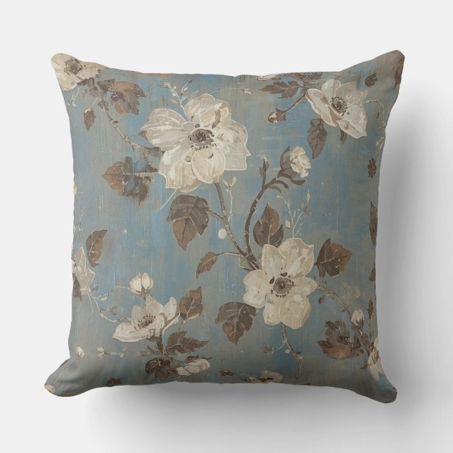 Rustik Ljusblå Kakaobrun Blommig Tryck Kudde (Framsida)