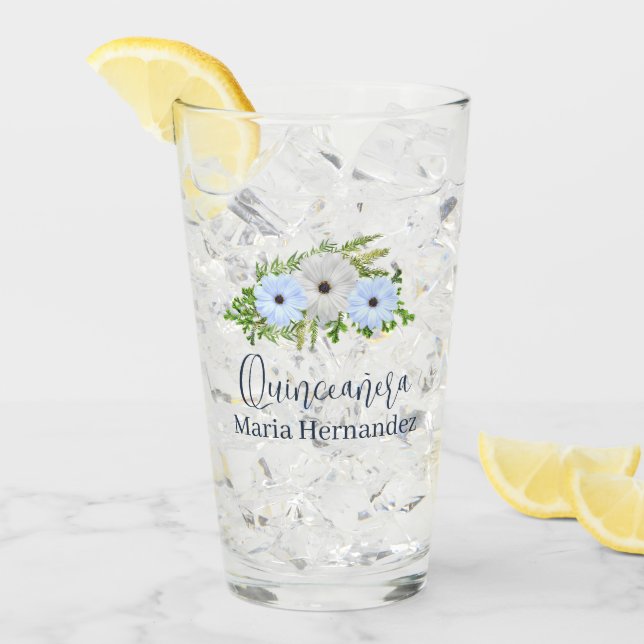 Rustik Ljusblå och Vit Blommig Quinceañera  Glaskopp (Framsida Ice)