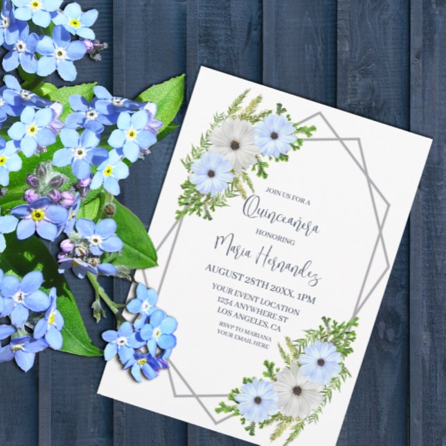 Rustik Ljusblå och Vit Blommig Quinceañera  Inbjudningar (Skapare uppladdad)
