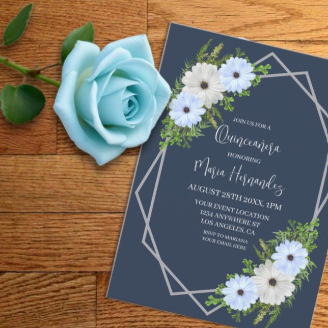 Rustik Ljusblå och Vit Blommig Quinceañera  Inbjudningar (Skapare uppladdad)