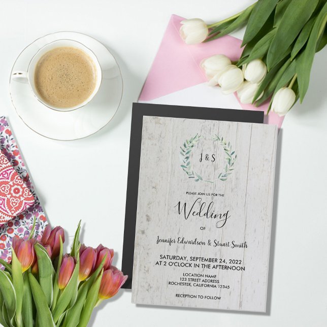 Rustik löv, monogram magnetiskt bröllop (Rustic leaves on barn wood monogrammed magnetic wedding invitation.)