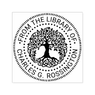 Rustik lövträdsbok med rötter NT bibliotek Boknamn Självfärgande Stämpel