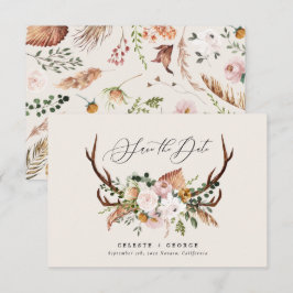 Rustik lövverk, blommor och hjortbröllop spara datumet