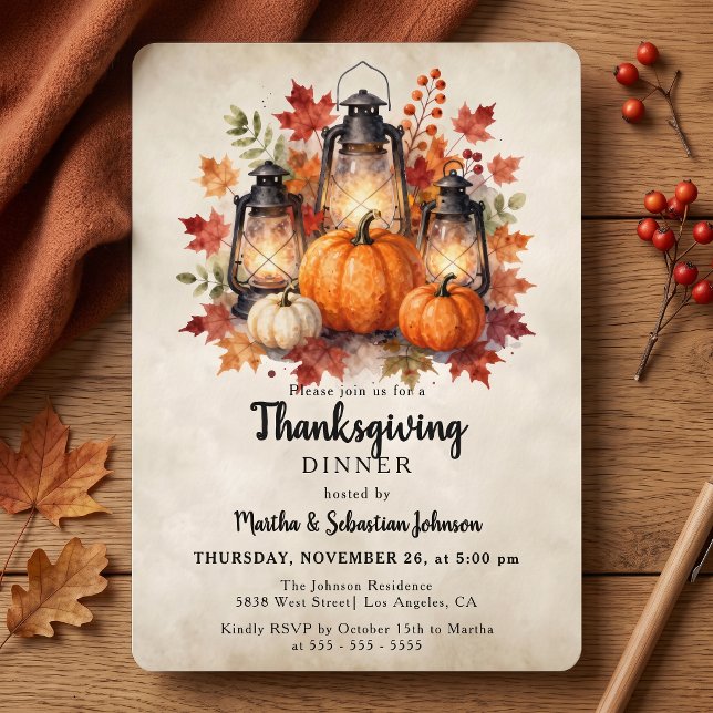 Rustik Lykta av Vattenfärg Pumpa Thanksgiving Inbjudningar (Skapare uppladdad)