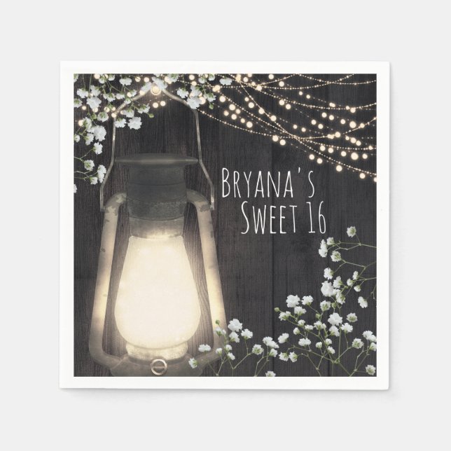 Rustik Lykta Baby's Breath & Ljus Bröllop Pappersservett (Framsidan)