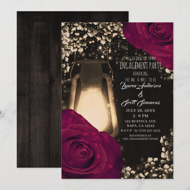 Rustik Lykta Magenta Rosor Förlovningsfest Inbjudningar (Fram/baksida)