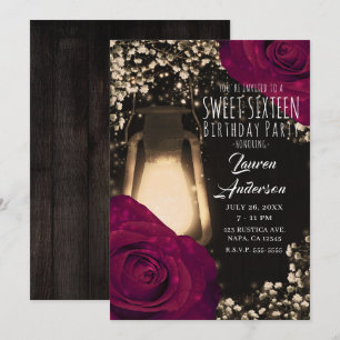 Rustik Lykta & Magenta Rosor Sweet 16 Inbjudningar