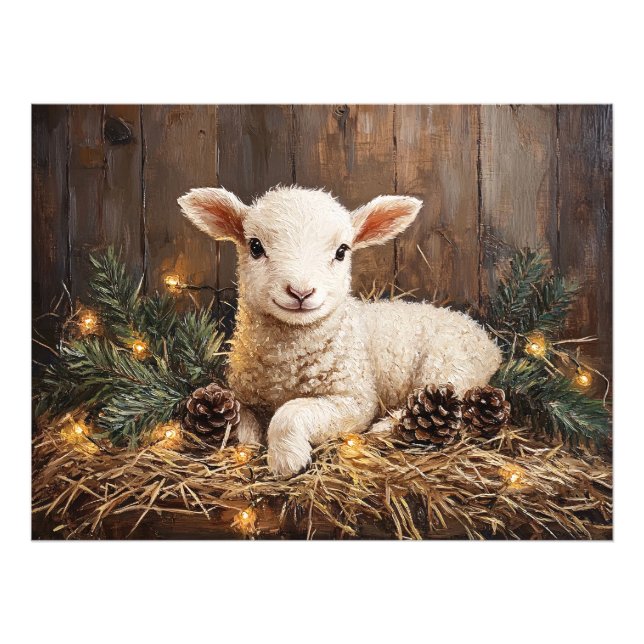Rustik målning för Cute Jul Lamb Fototryck (Framsidan)