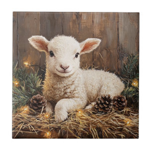 Rustik målning för Cute Jul Lamb Kakelplatta