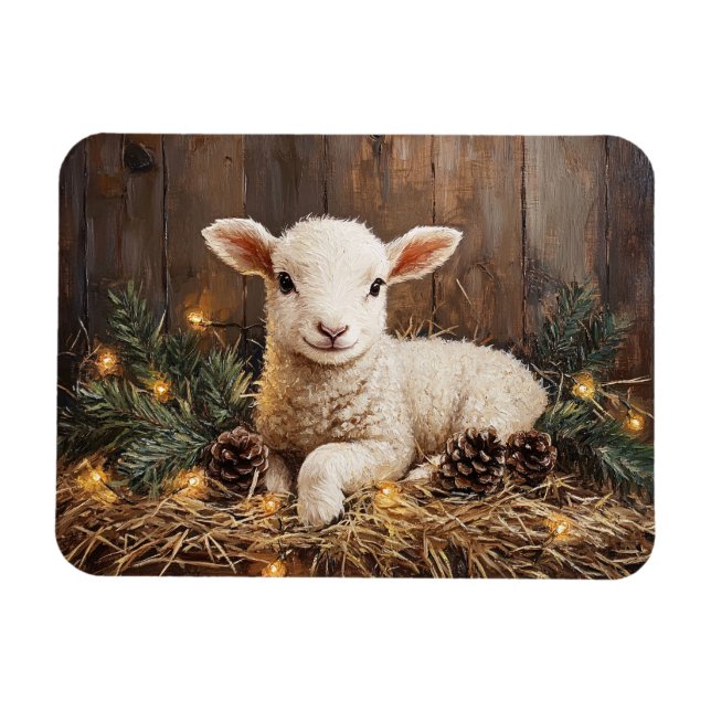 Rustik målning för Cute Jul Lamb Magnet (Horisontell)