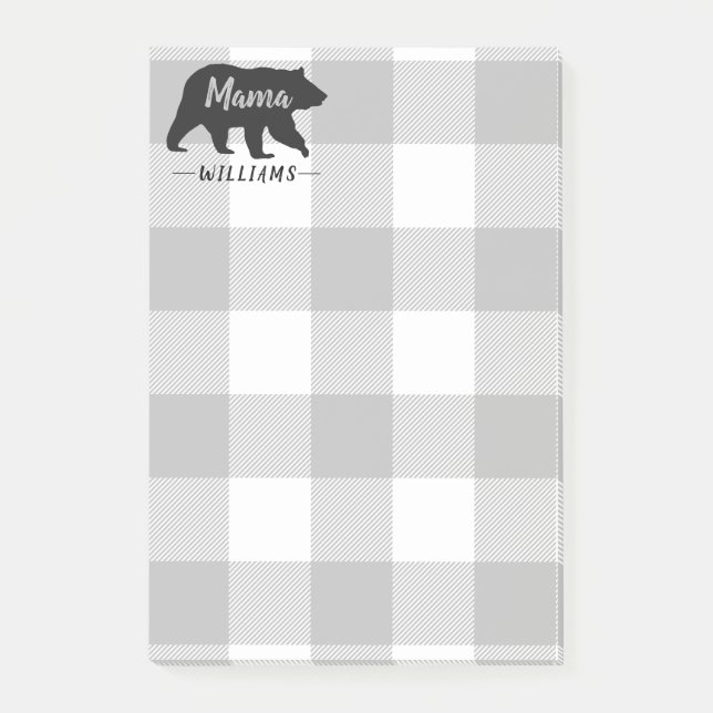 Rustik Mamma Bear Grått Black Monogram Namn 4x6 Post-it Block (Framsida)