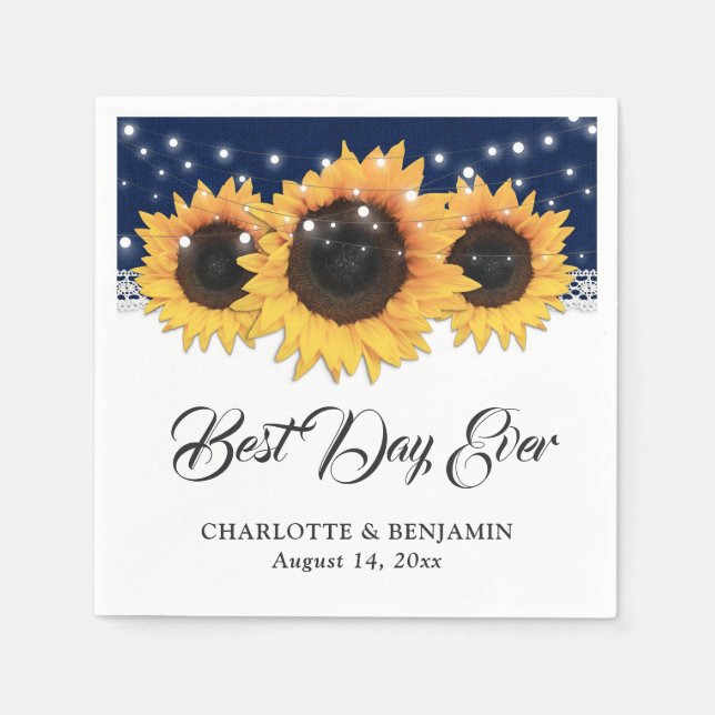 Rustik marin blå Burlap Snöre Solros Bröllop Pappersservett (Framsidan)