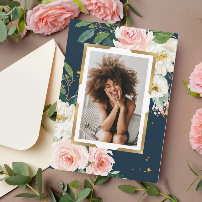 Rustik marin Blue &  Rosa Blommigt Guld Ram Inbjudningar (Skapare uppladdad)