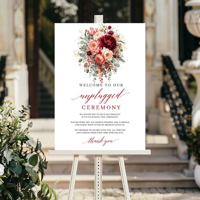 Rustik Marin Höst Blommig Avstängd Ceremoni   Poster (Rustic Maroon Autumn Floral Unplugged Ceremony Sign

)