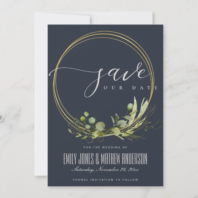 RUSTIK MARIN LÖVGRÖN GYLLENE LÖVVERK AKVARELL SPARA DATUMET (Framsida)