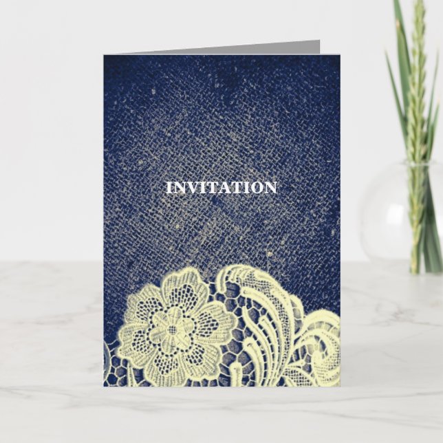 rustik marinblå jute spets countrybröllop inbjudan (Framsida)