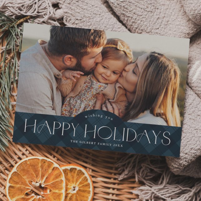 Rustik Marinblå Rutig Foto Högtid Magnetisk Kort (Rustic navy blue plaid photo holiday magnetic card.)