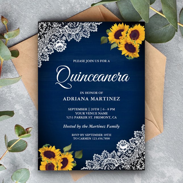 Rustik Marinblå Trä Spets Solros Quinceanera Inbjudningar (Skapare uppladdad)
