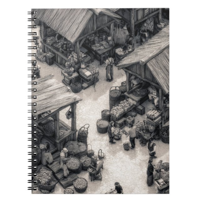 Rustik Market Sketch Sepia-bärbar dator Anteckningsbok (Framsidan)