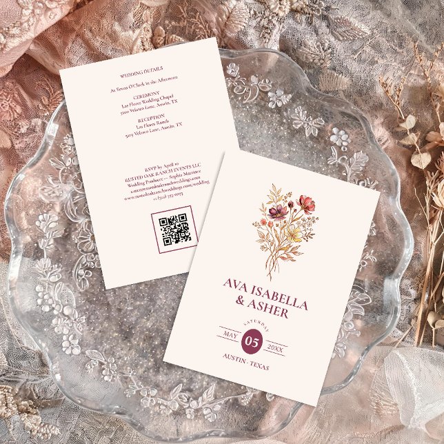 Rustik Marsala Blommig Bröllopsbukett Wedding QR T Inbjudningar (Rustic Marsala Wedding Invitation Featuring Vibrant Multicolor Wildflowers Bouquet Watercolor Effect)