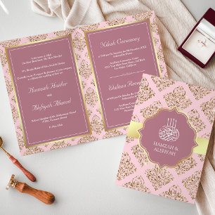 Rustik Mauve Rosa Guld Damask Muslimsk Bröllop Inbjudan