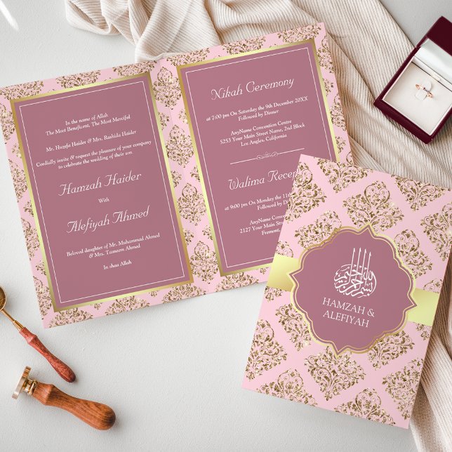 Rustik Mauve Rosa Guld Damask Muslimsk Bröllop Inbjudan (Skapare uppladdad)