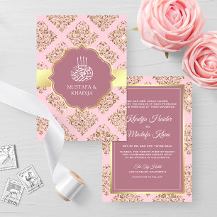 Rustik Mauve Rosa Guld Damask Muslimsk Bröllop Inbjudningar