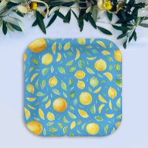 Rustik Mediterranean Gult Lemons Blue Watercolor