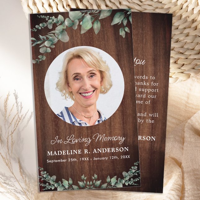Rustik Memorial Eucalyptus Photo Funeral Tack Anteckningskort (Skapare uppladdad)