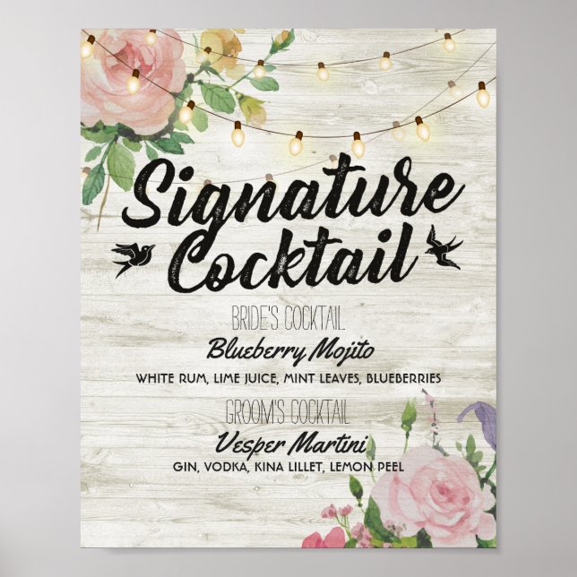Rustik meny för signaturcocktail för bröllopsdekor poster (Framsidan)