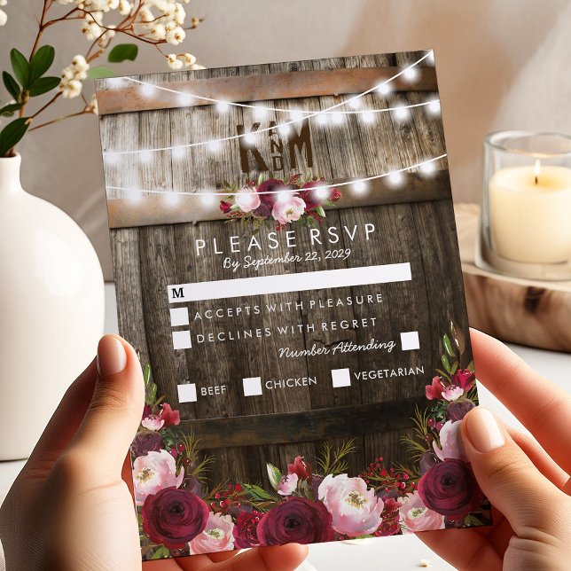 Rustik menyalternativ för bröllop med burgundisk b OSA kort (Skapare uppladdad)