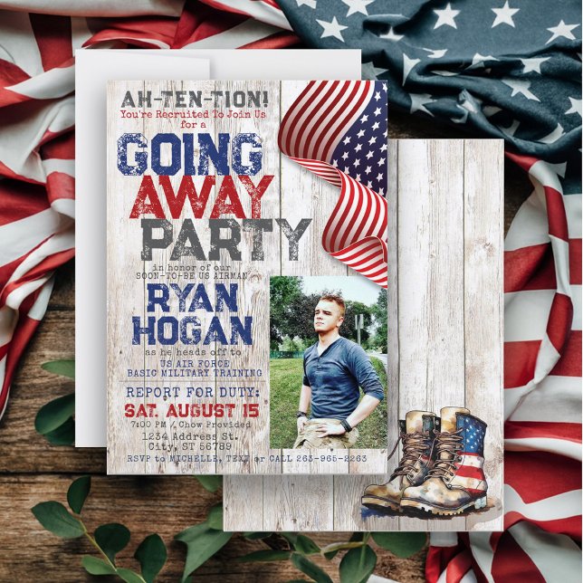 Rustik militärbild Avskedsfest jag avskedskalas Inbjudningar (Rustic Military going away farewell party invitation, custom photo, vintage combat boots, USA flag)