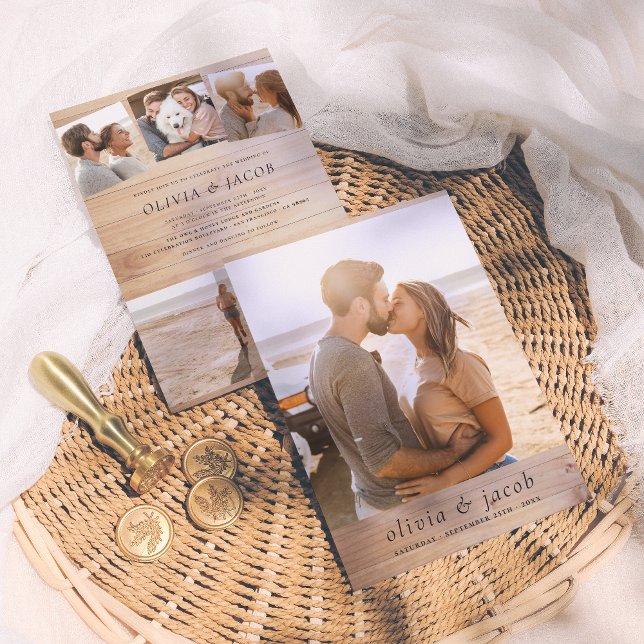 Rustik minimal Elegant Wood & 5 foton Bröllop Inbjudningar (Skapare uppladdad)