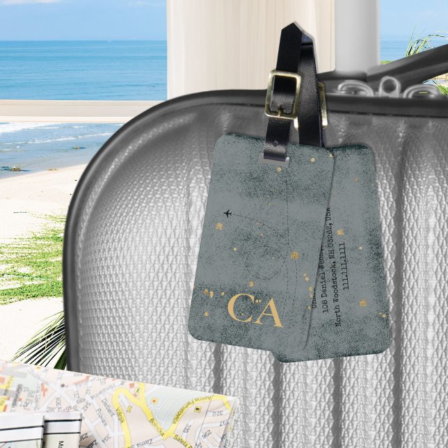 Rustik, minimal monogramflygning, svart Guld-resa Bagagebricka (Rustic Minimal Monogram Airplane Black Gold Travel ©Susanne Sachers - Sunny Wanderlust 🌞✈️ )