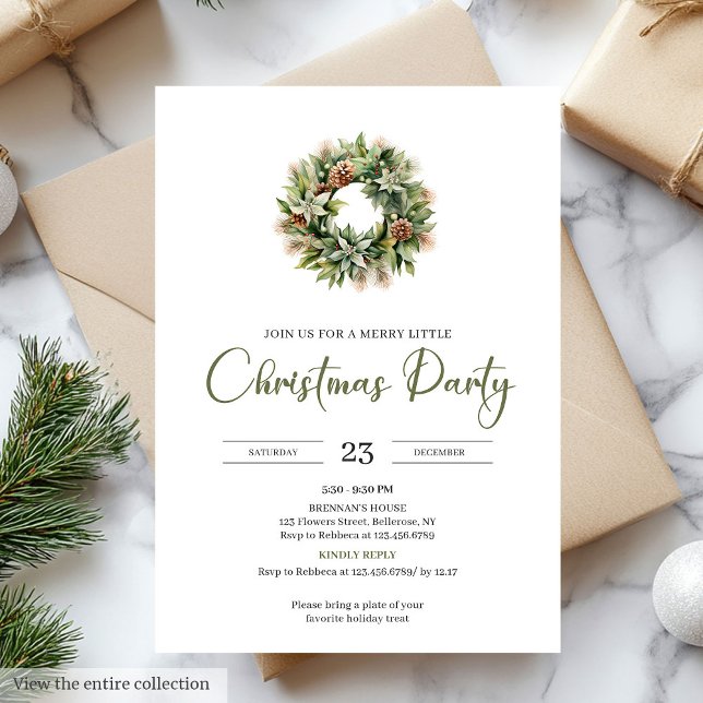 Rustik Minimal Sage Elfenbensvitt Julkrans Inbjudningar (Rustic Minimal Sage Ivory Christmas Party)