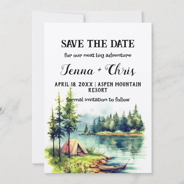 Rustik Minimalist Forest Sjö Canoe Spara datumet Inbjudningar (Framsida)