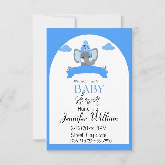 Rustik, minimalistisk Blue Elephant Baby Shower-po Inbjudningar (Framsida)