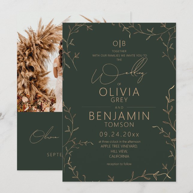 Rustik Minimalistisk Guld Grön Botanisk Bröllop Inbjudningar (Fram/baksida)