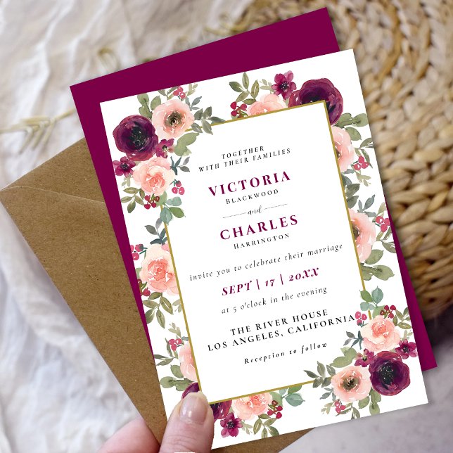 Rustik, minimalistisk  vattenfärgsfärgad Blommigt  Inbjudningar (Rustic Minimalist Blush Watercolor Floral Wedding Invitation)