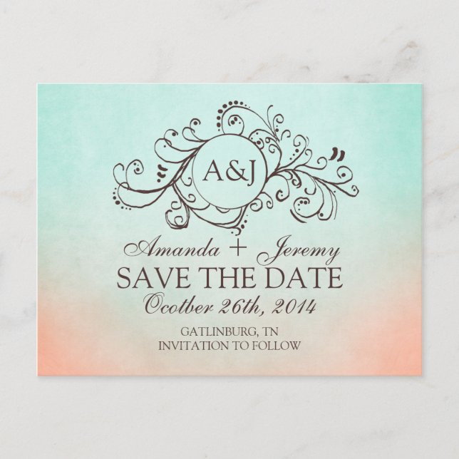 Rustik Mint och Persika Bohemian Save The Date Meddelande Vykort (Framsida)
